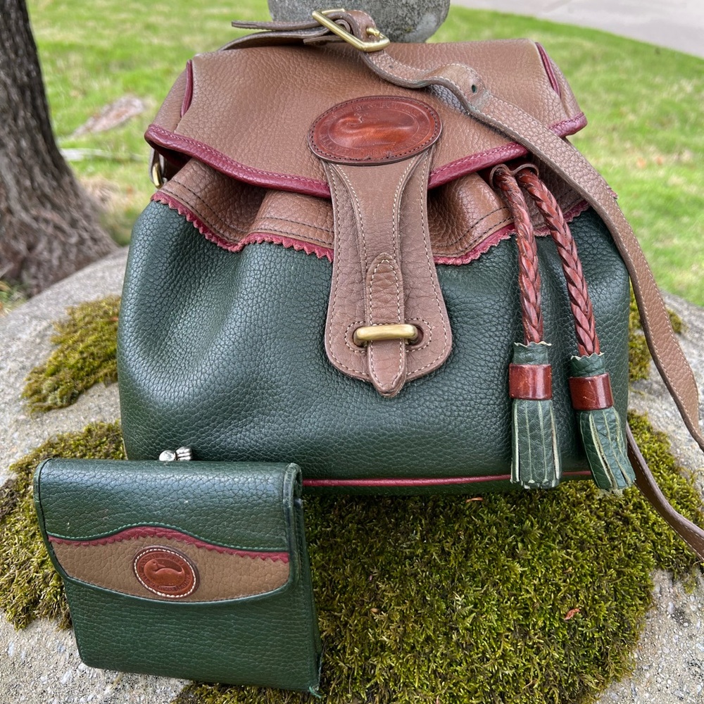 Vintage Dooney Bourke Teton Drawstring Saddle Bag in Ivy/Mushroom/Rouge + wallet